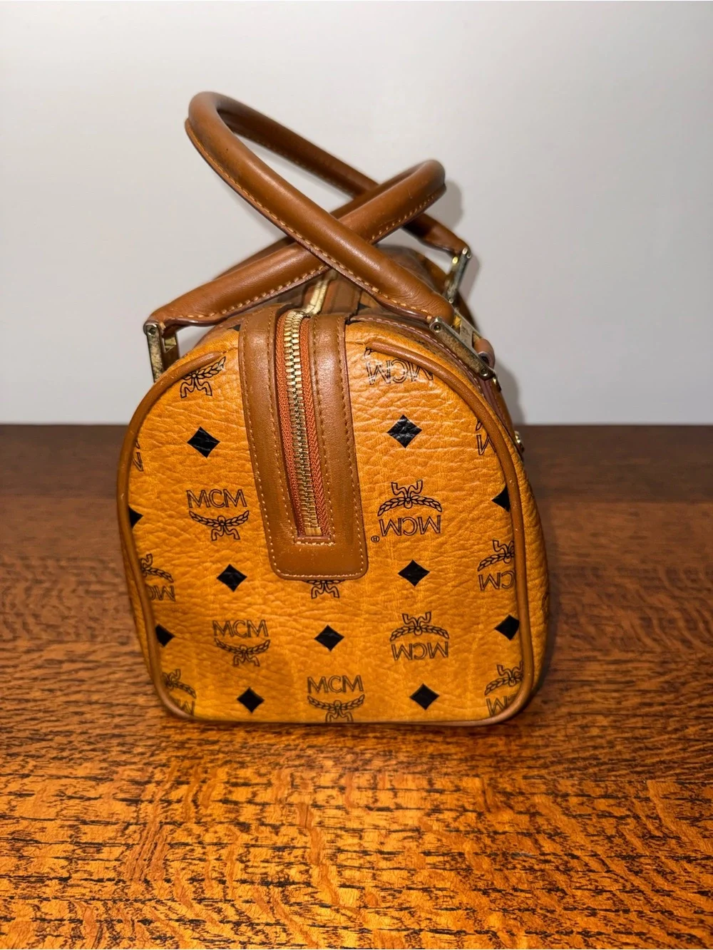 MCM Cognac Visetos Boston Bag w/Front Pocket and COA